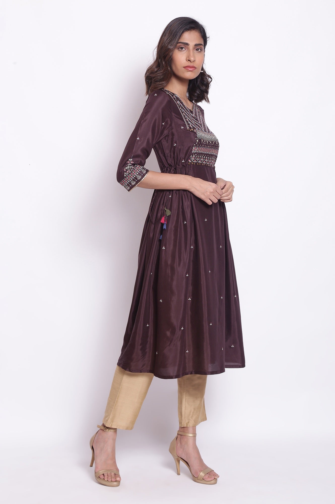 Chocolate Brown A-Line Embroidered kurta