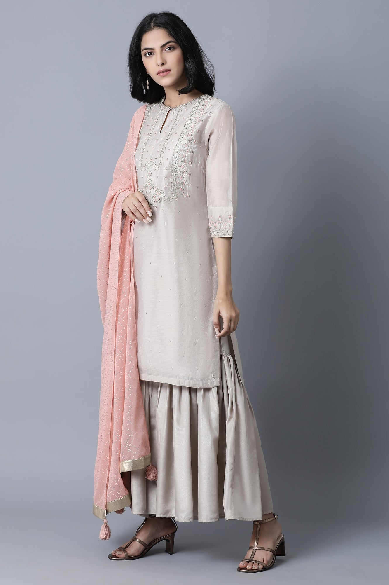 Grey kurta-Sharara-Drape Set