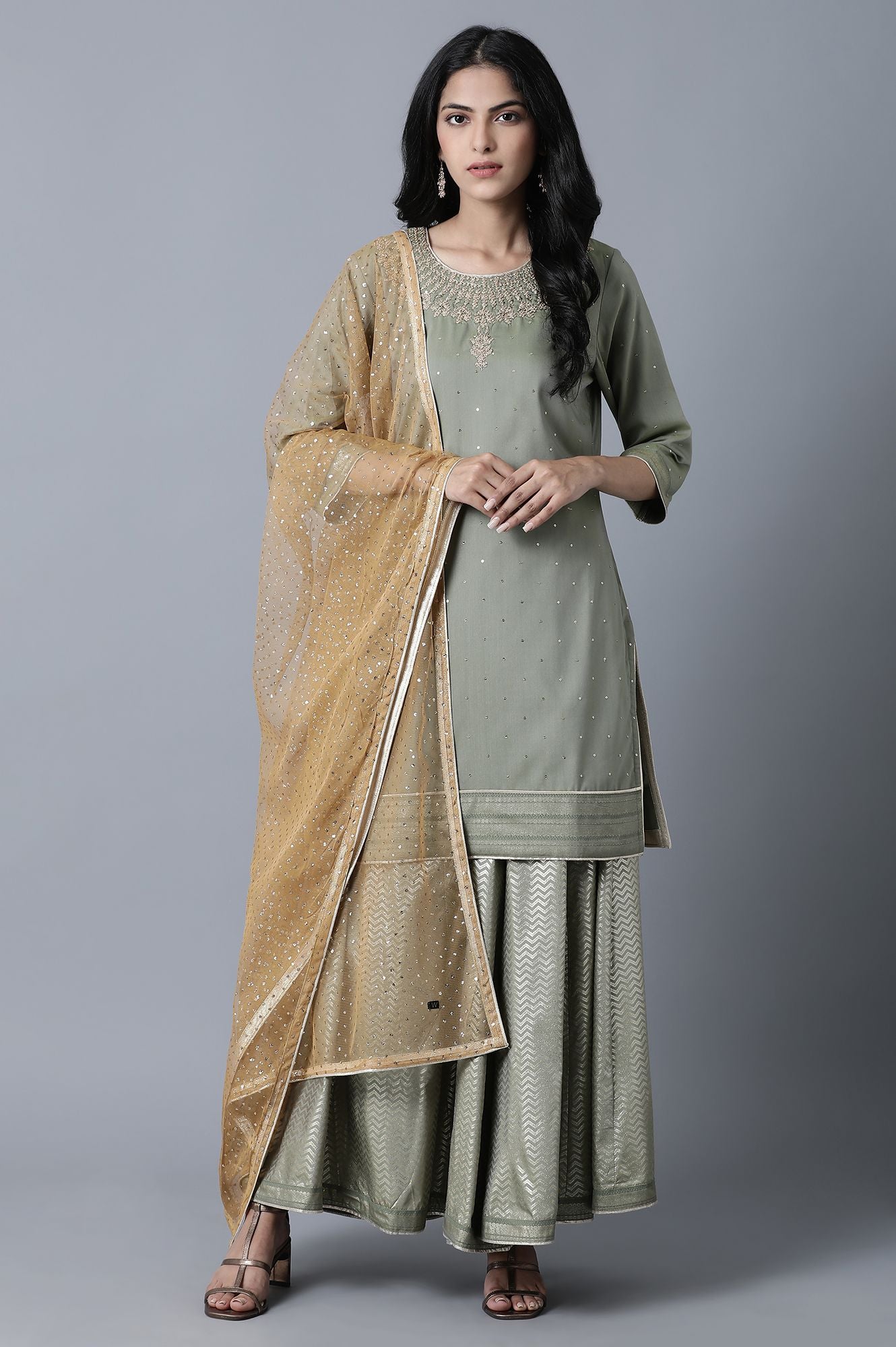 Light Green Short kurta-Culottes-Drape Set