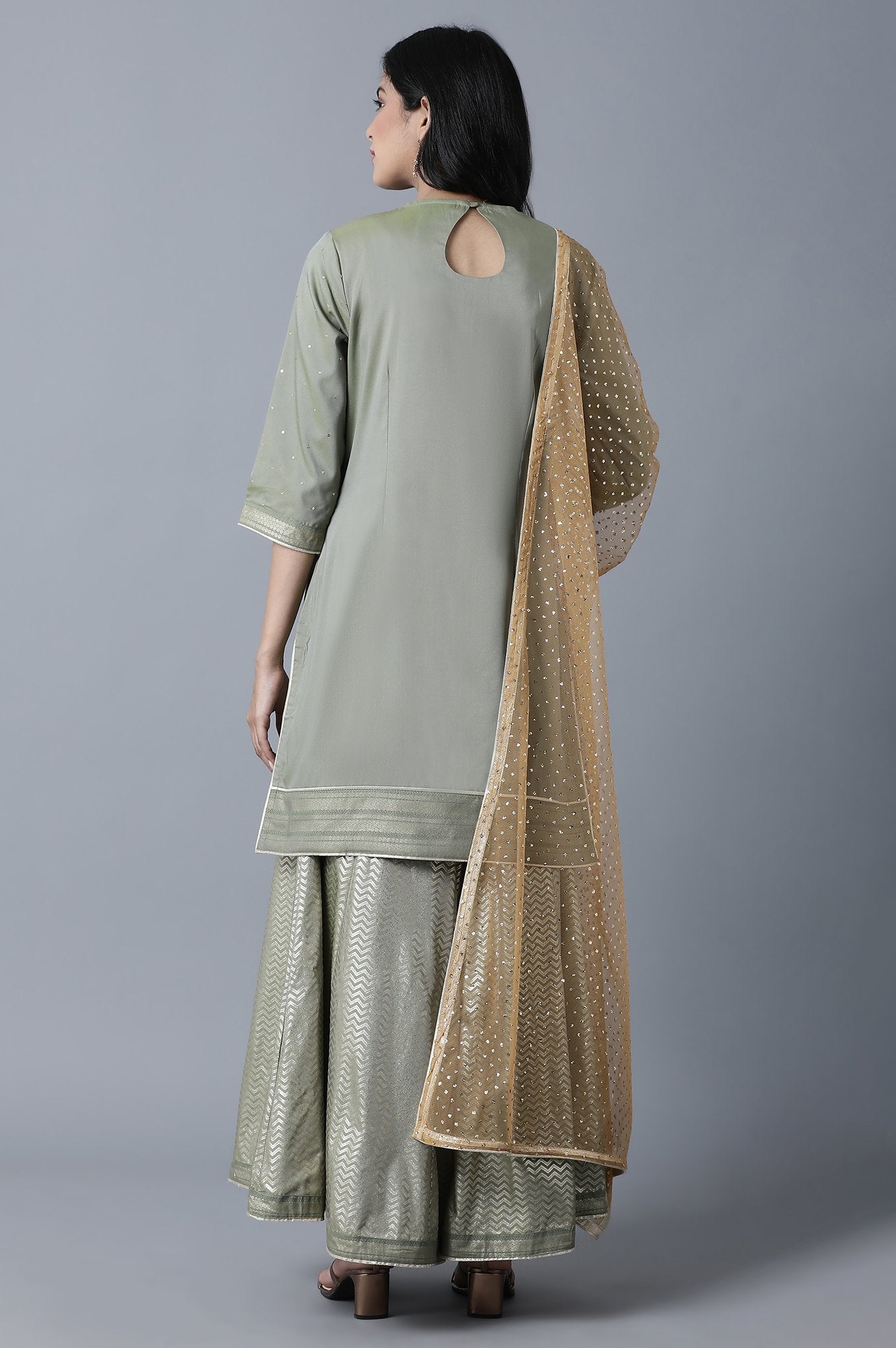 Light Green Short kurta-Culottes-Drape Set