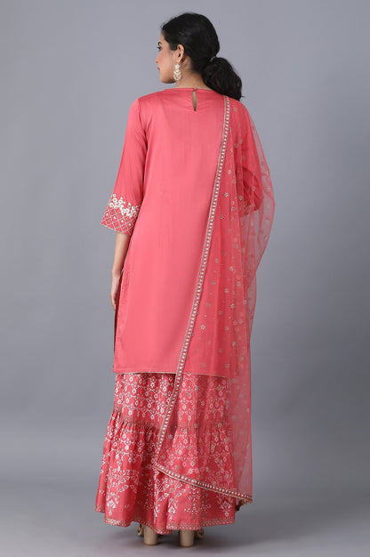 Coral kurta-Sharara-Drape Set