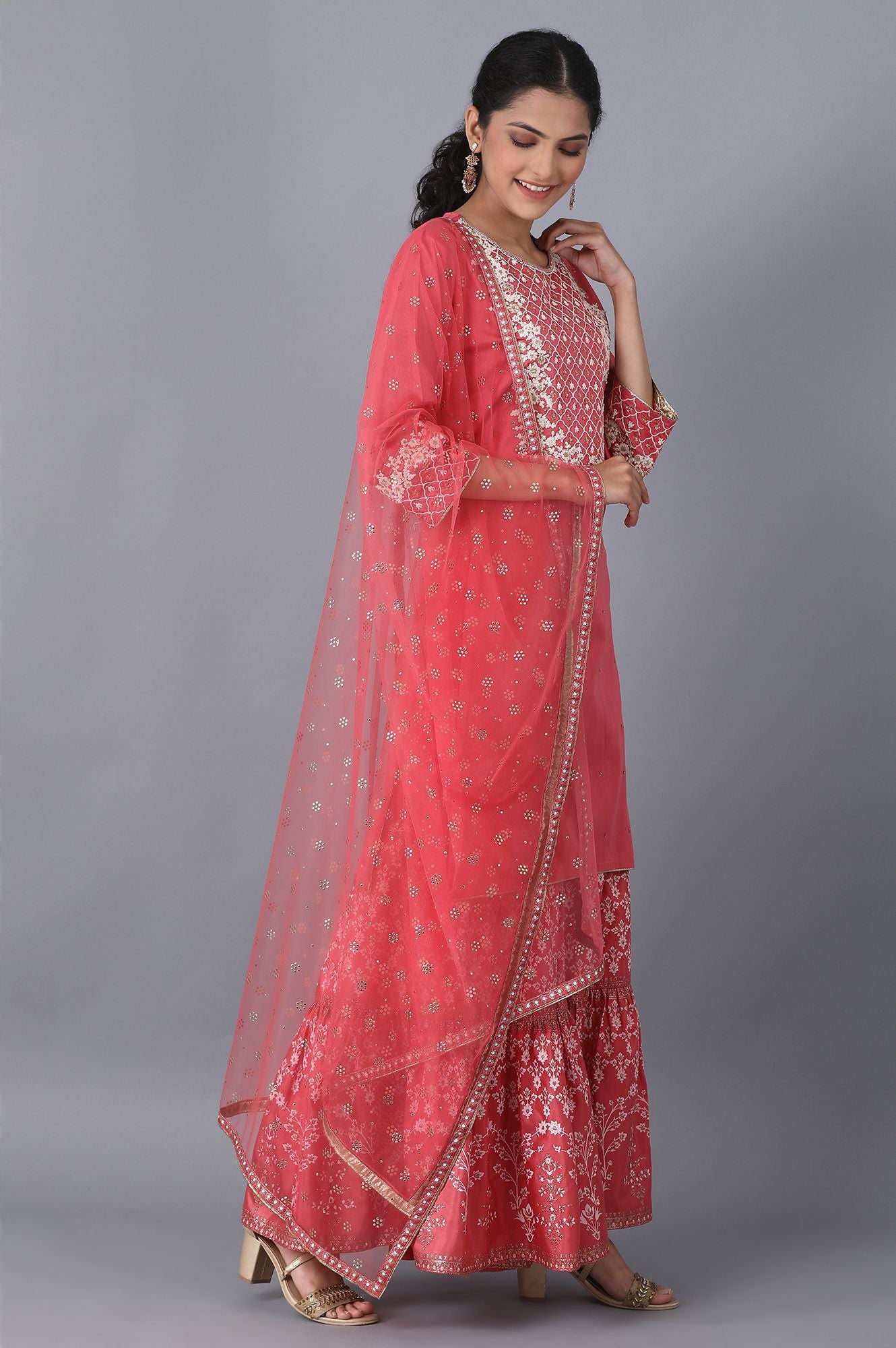 Coral kurta-Sharara-Drape Set