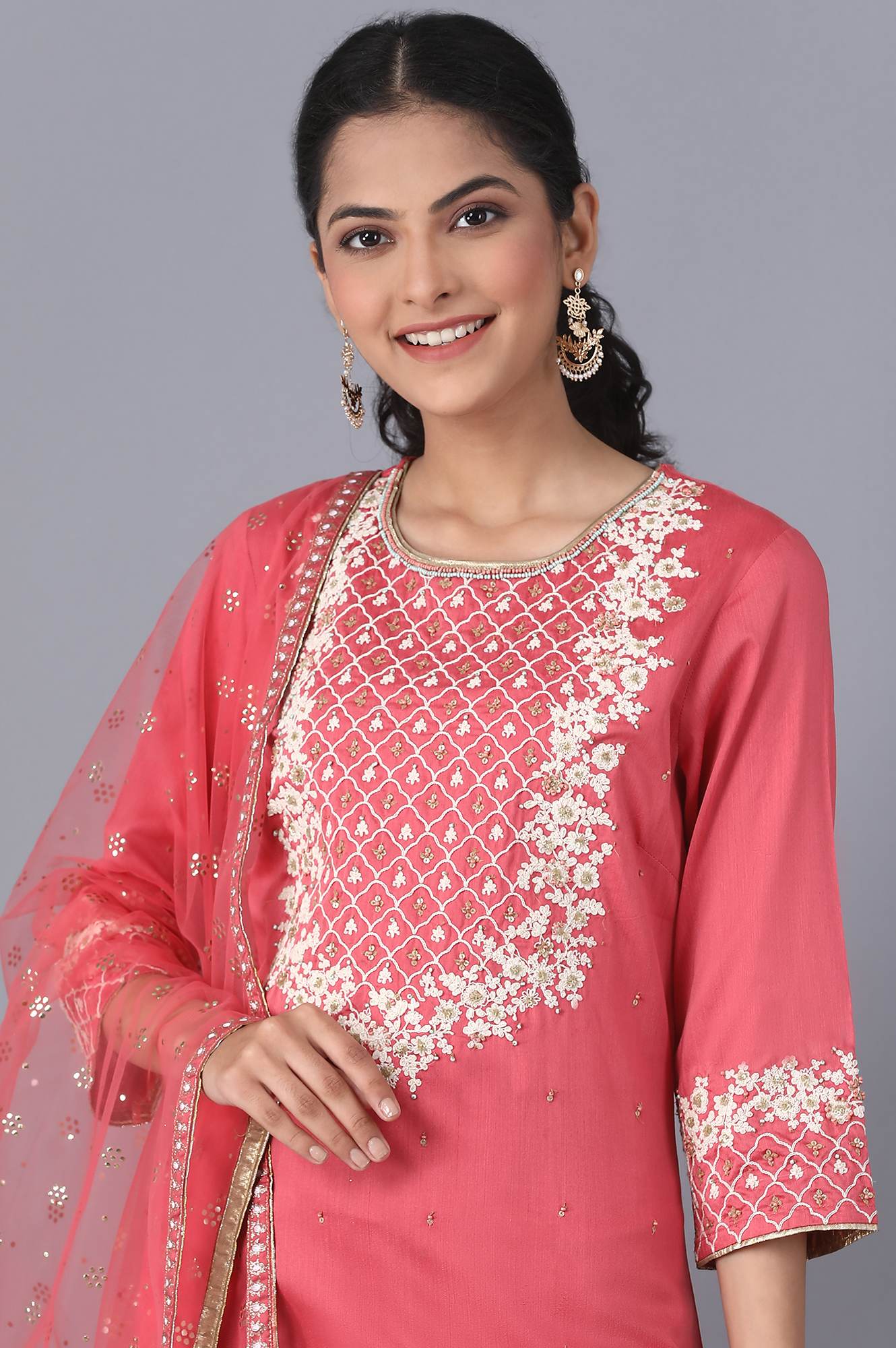 Coral kurta-Sharara-Drape Set