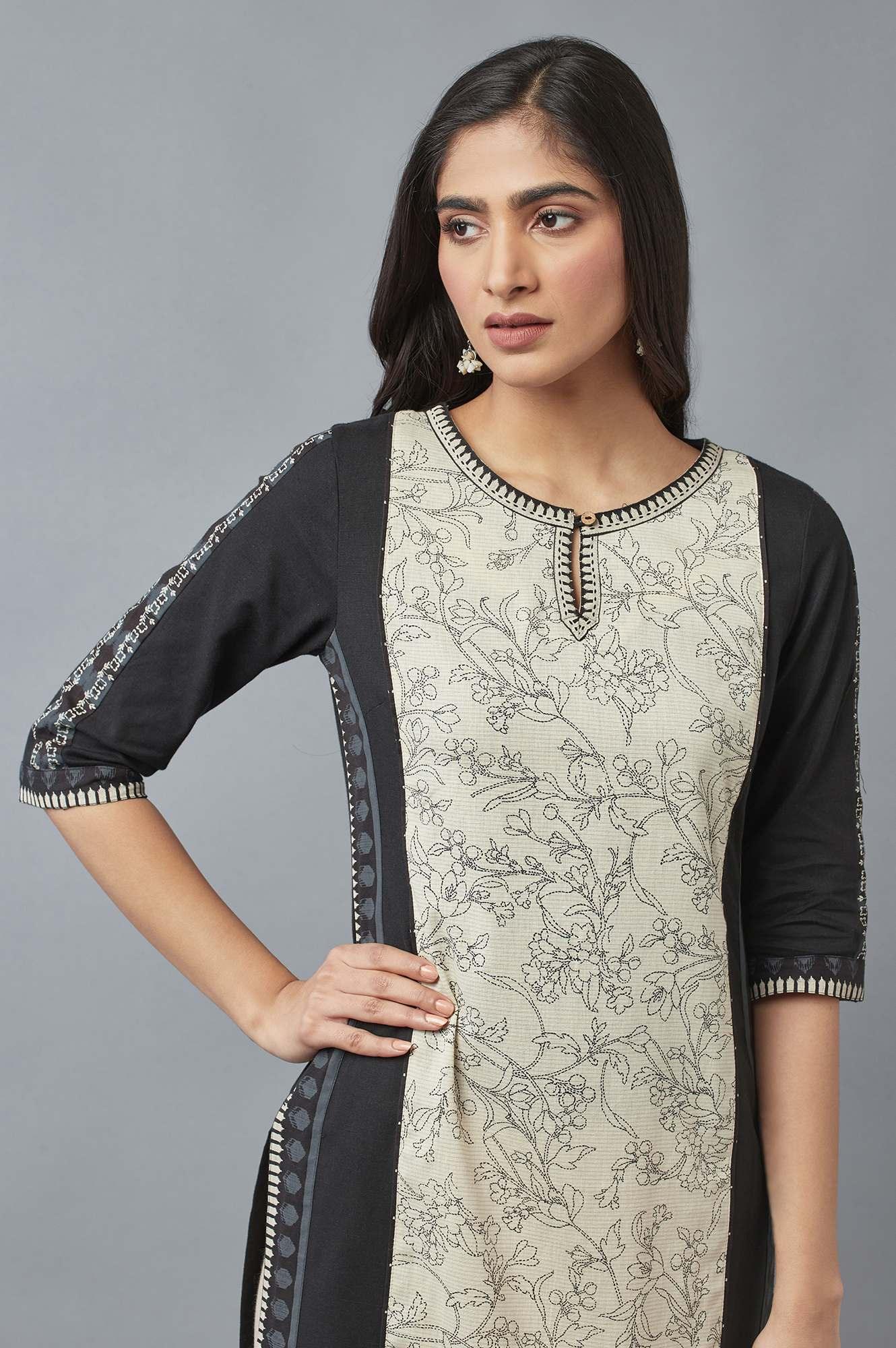 Ecru and Black Printed kurta - wforwoman