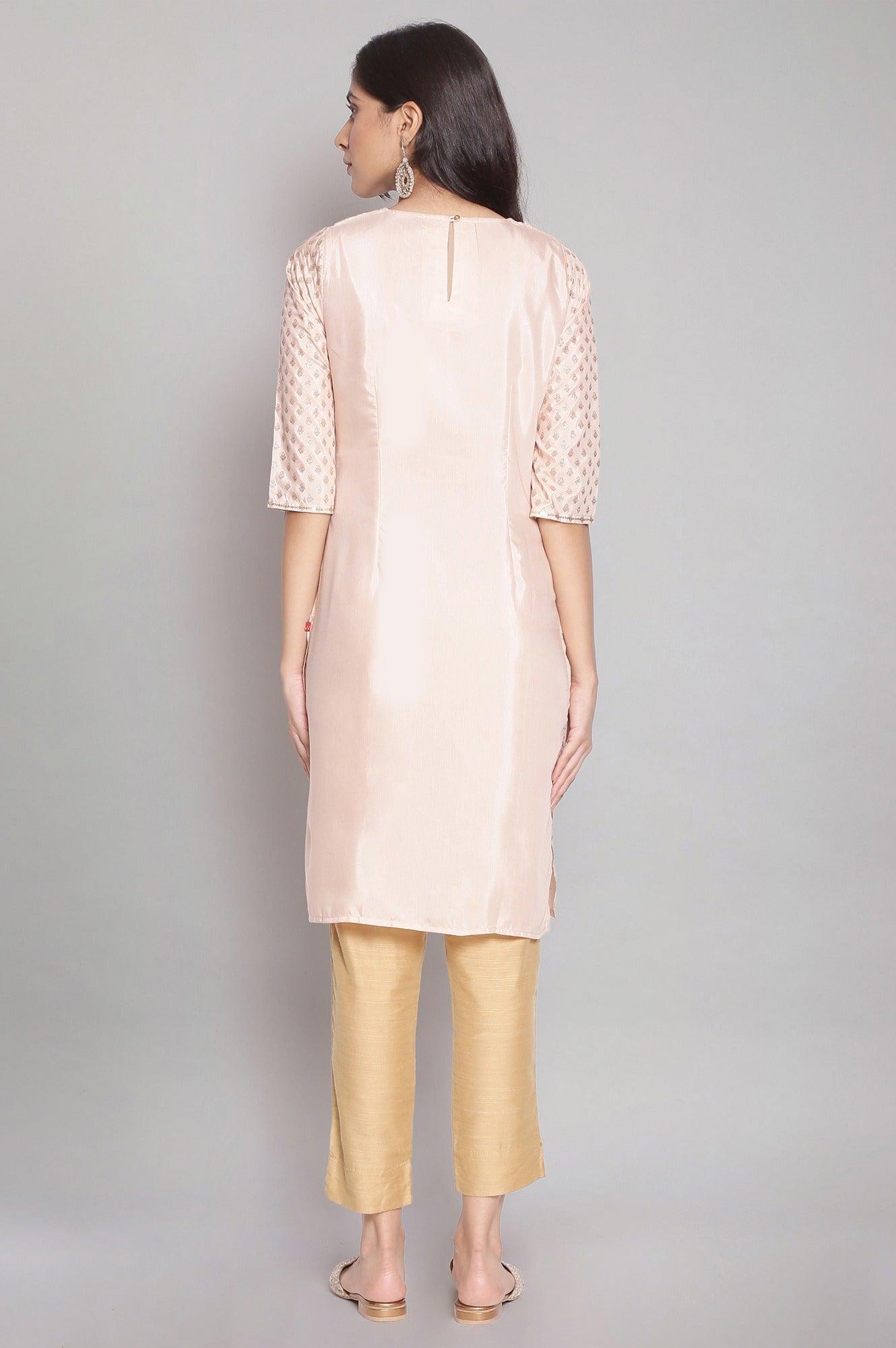 Light Pink Festive Round Neck kurta with Dori Embroidery - wforwoman