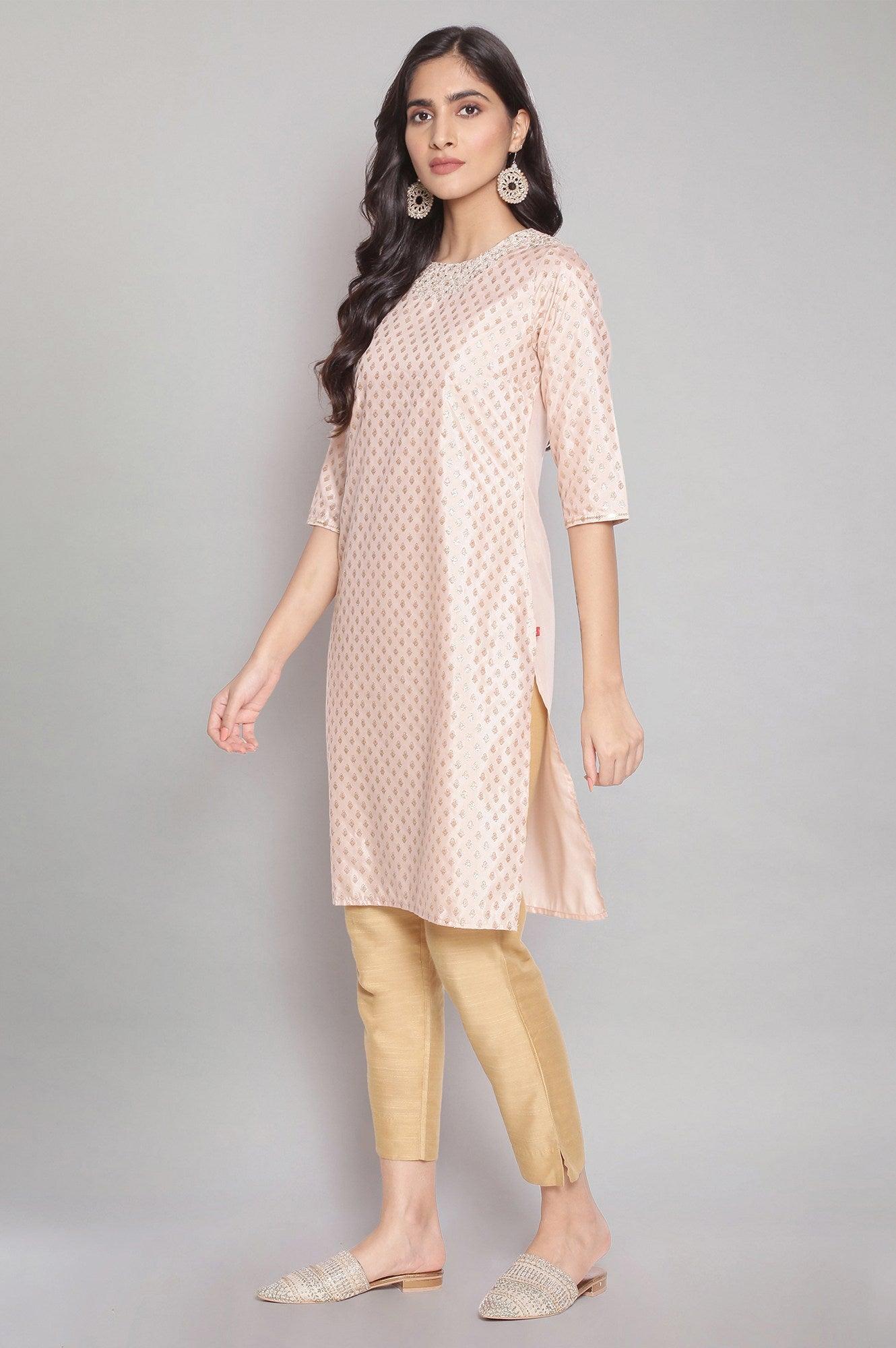Light Pink Festive Round Neck kurta with Dori Embroidery - wforwoman