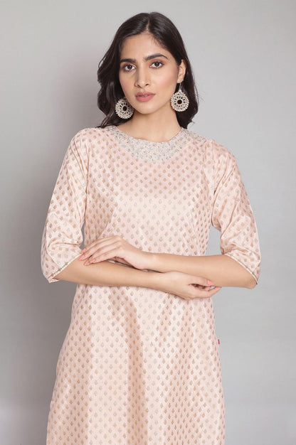 Light Pink Festive Round Neck kurta with Dori Embroidery - wforwoman