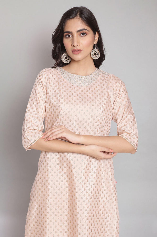 Light Pink Festive Round Neck kurta with Dori Embroidery