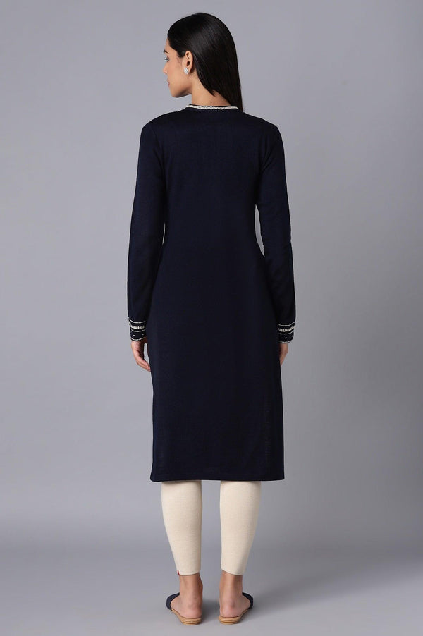 Navy Blue Embroidered Winter kurta