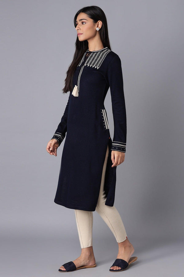 Navy Blue Embroidered Winter kurta