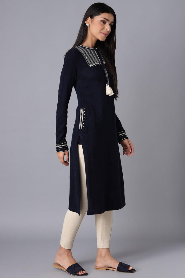 Navy Blue Embroidered Winter kurta
