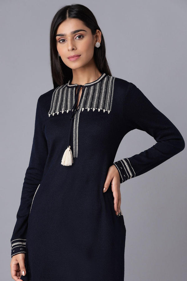 Navy Blue Embroidered Winter kurta
