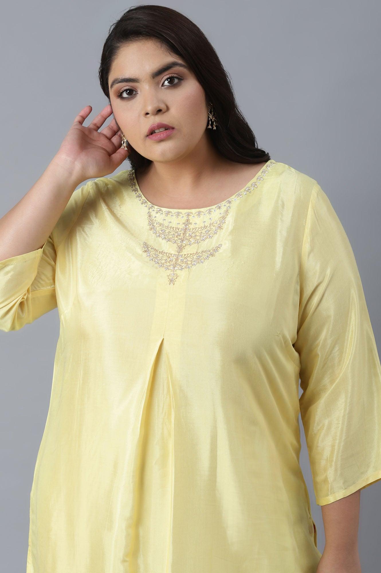 Light Yellow Shantung kurta in Metallic Embroidery - wforwoman