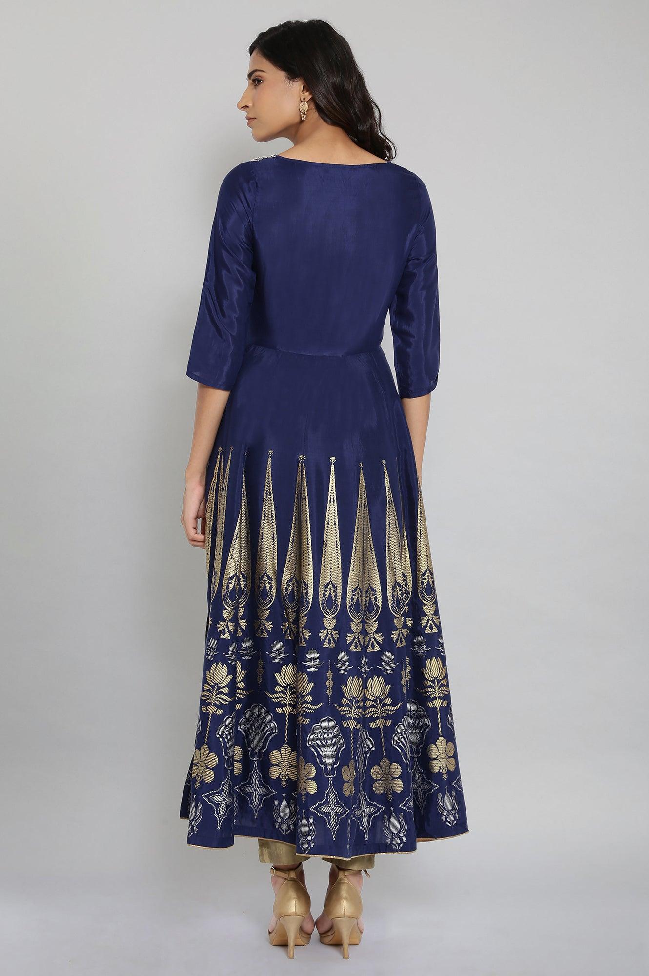 Navy Blue Round Neck Flared Dress - wforwoman