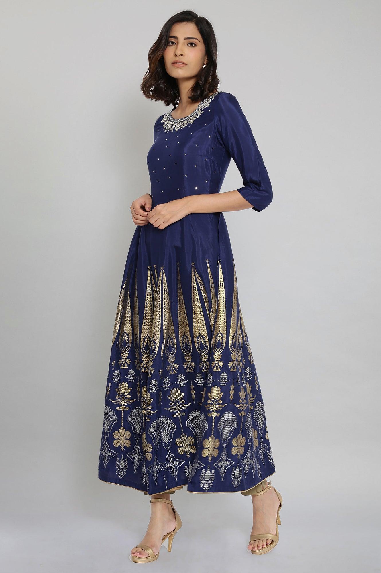 Navy Blue Round Neck Flared Dress - wforwoman
