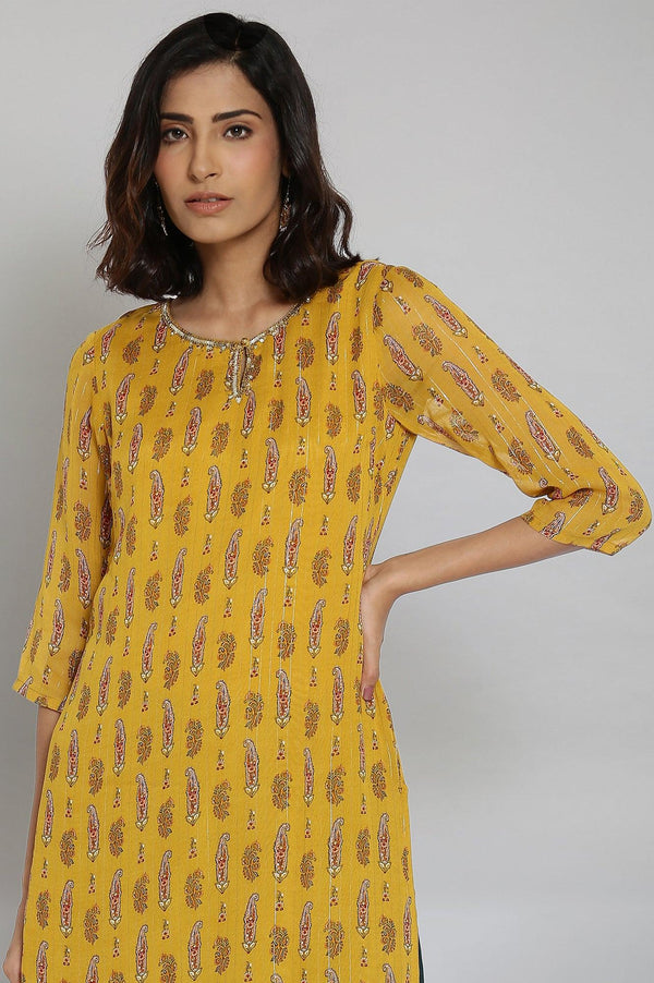 Yellow Round Neck Paisley Print kurta