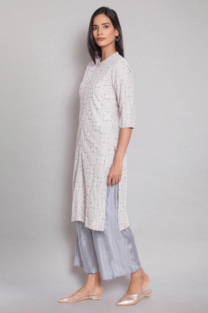 Light Grey Mandarin Collar Printed Shirt kurta - wforwoman