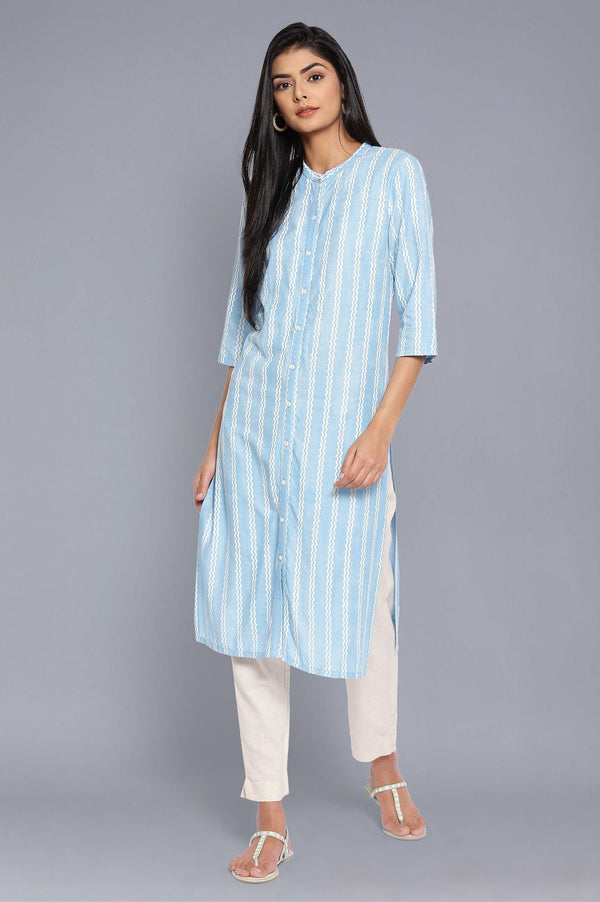 Blue Mandarin Collar Striped kurta