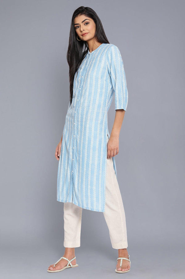 Blue Mandarin Collar Striped kurta