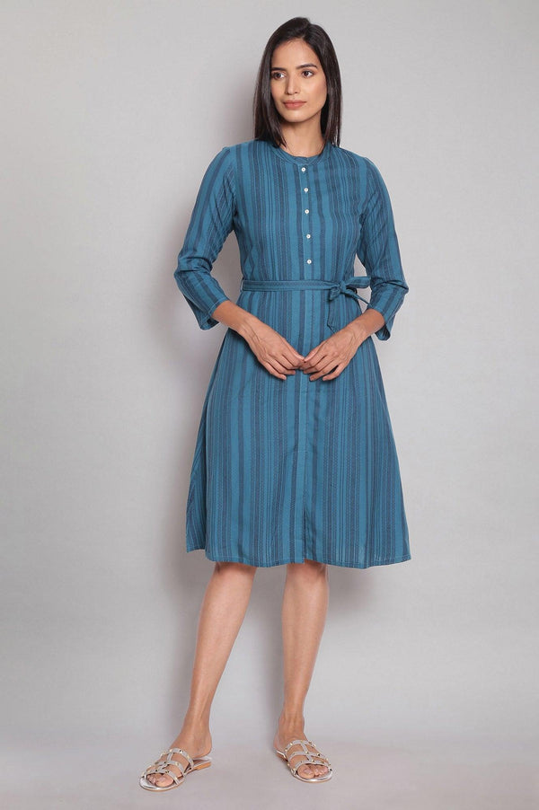 Dark Teal Stripe Print Shirt Dress