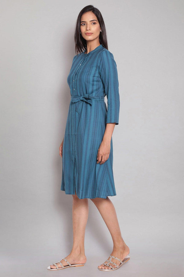 Dark Teal Stripe Print Shirt Dress