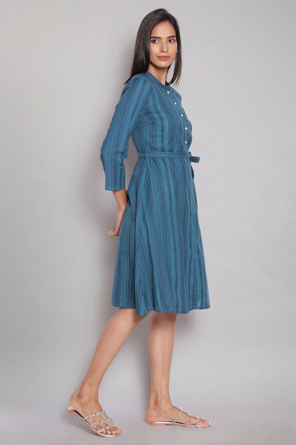 Dark Teal Stripe Print Shirt Dress