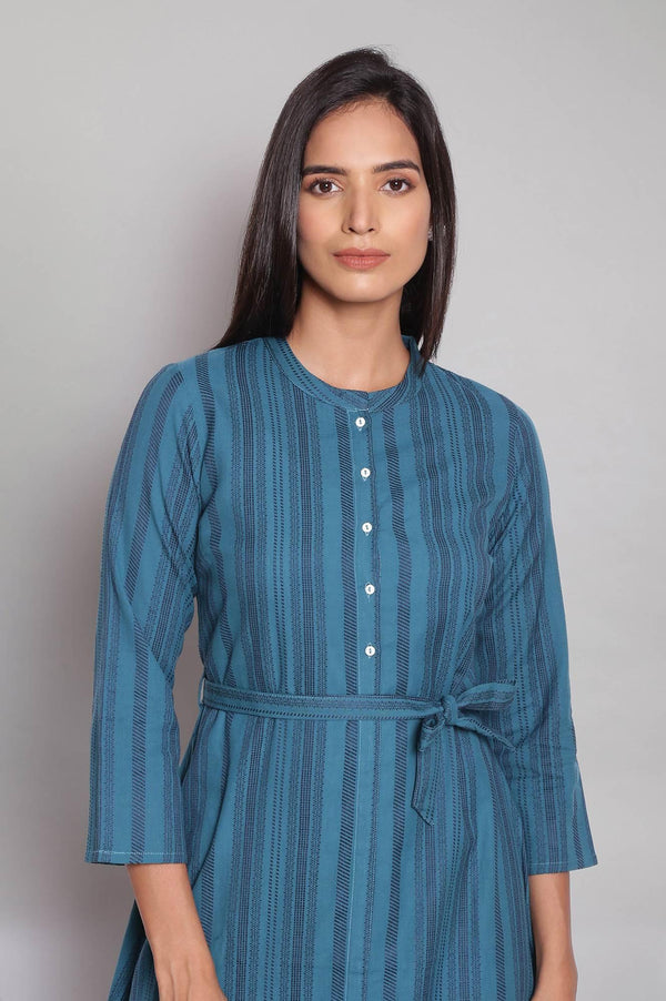 Dark Teal Stripe Print Shirt Dress