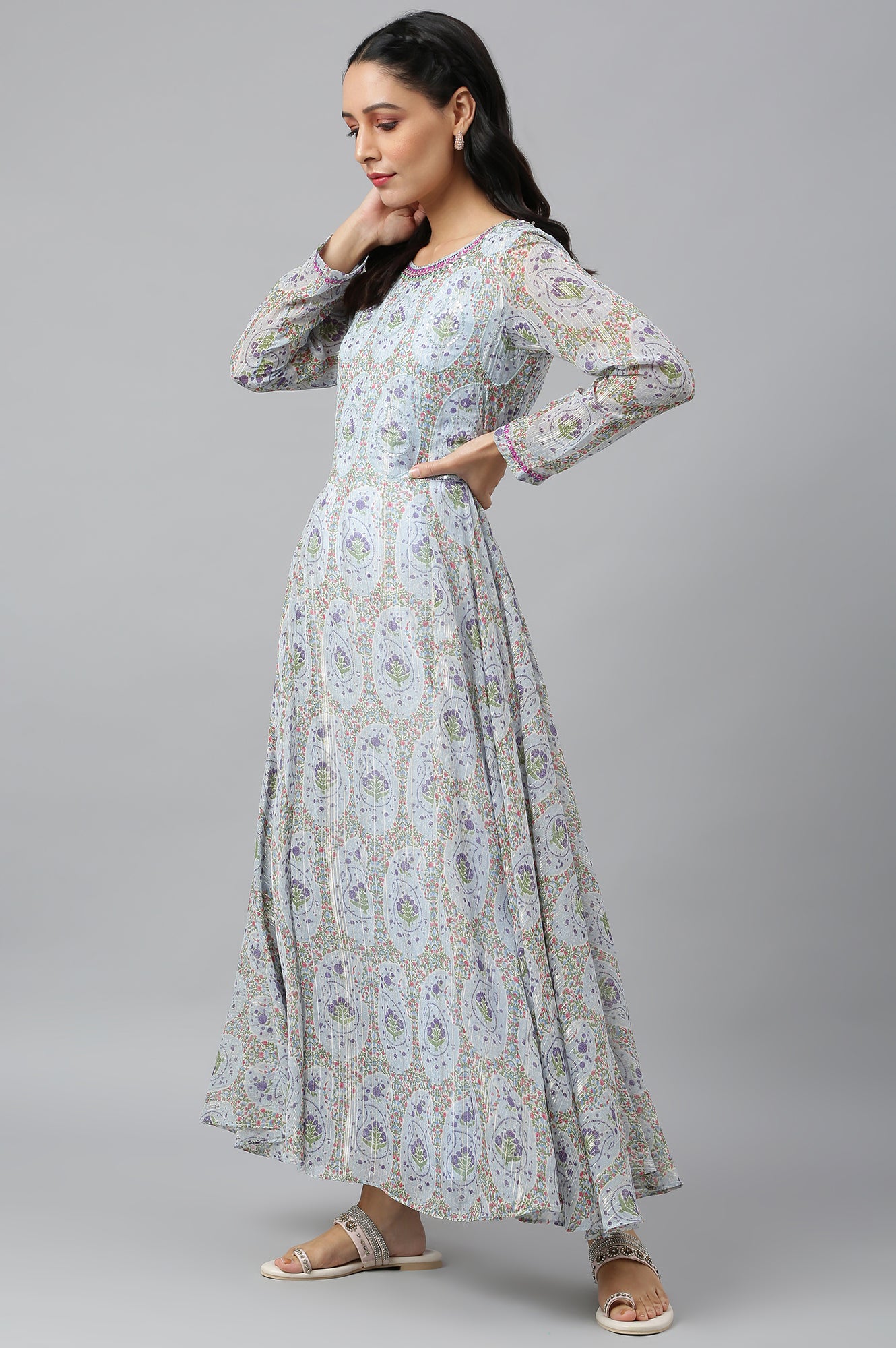 Light Blue Paisley Print Chiffon Dress With Sequin