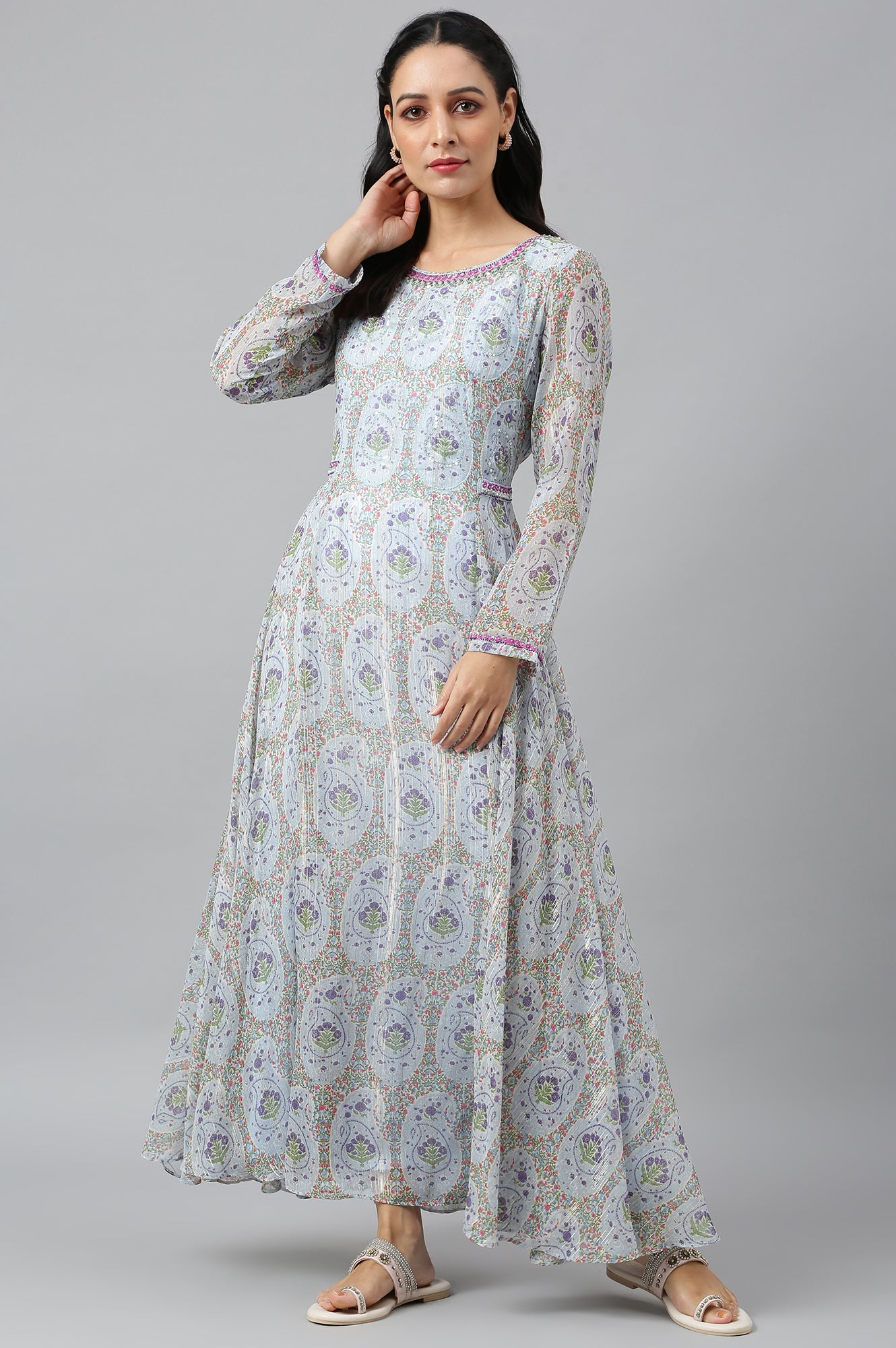 Light Blue Paisley Print Chiffon Dress With Sequin