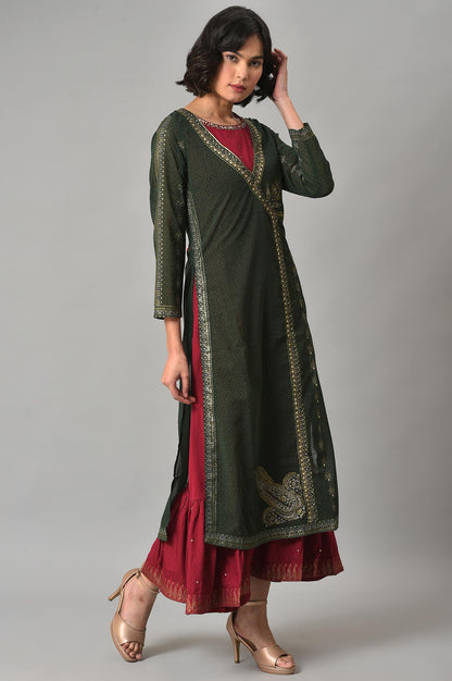 Green Mock Angrakha Gillet With Maroon Tiered Dress