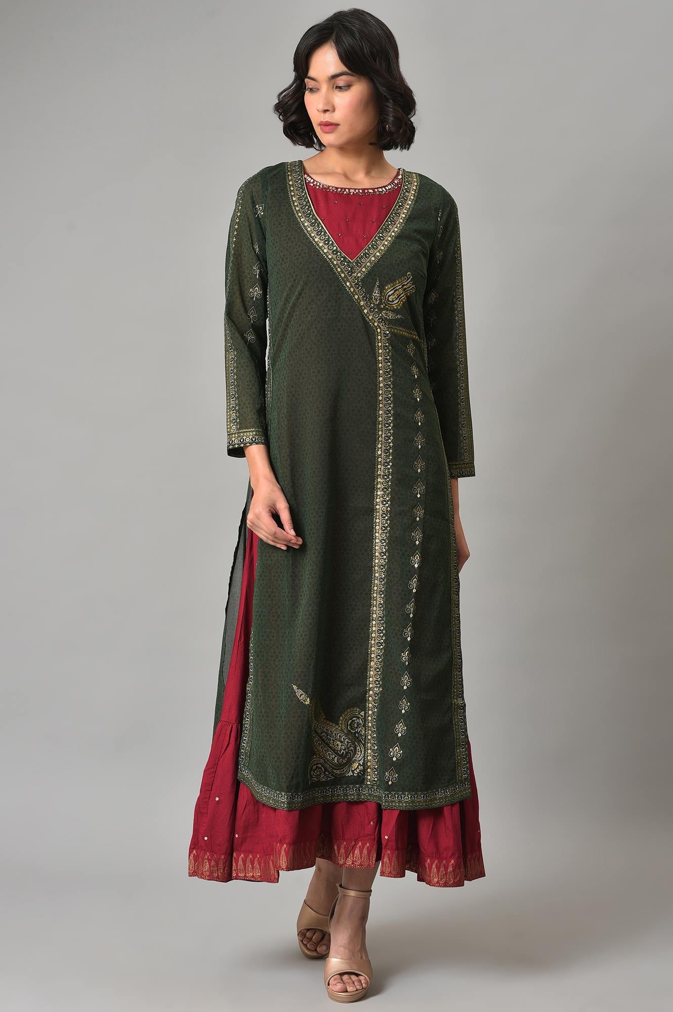 Green Mock Angrakha Gillet With Maroon Tiered Dress