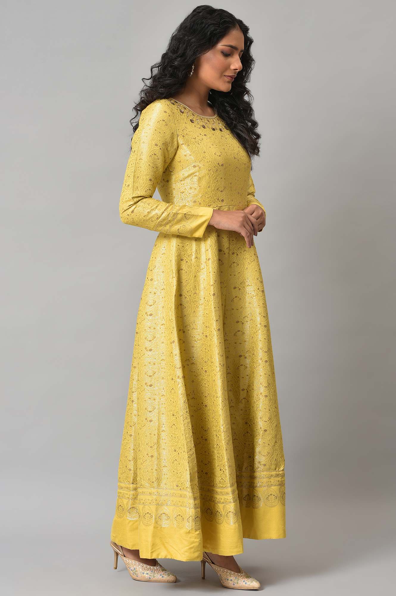 Yellow Paisley Printed Anarkali Indie Dress