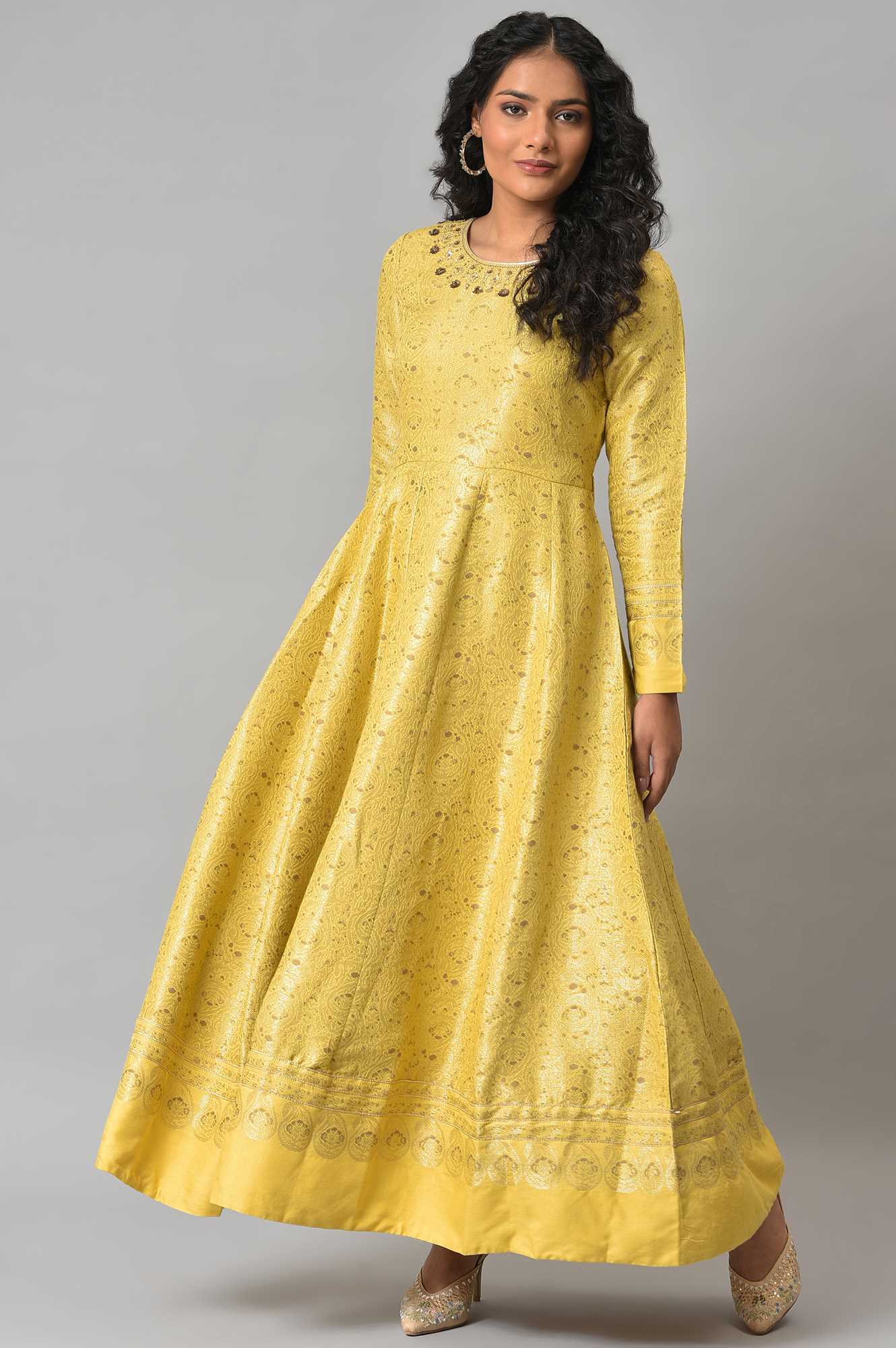 Yellow Paisley Printed Anarkali Indie Dress