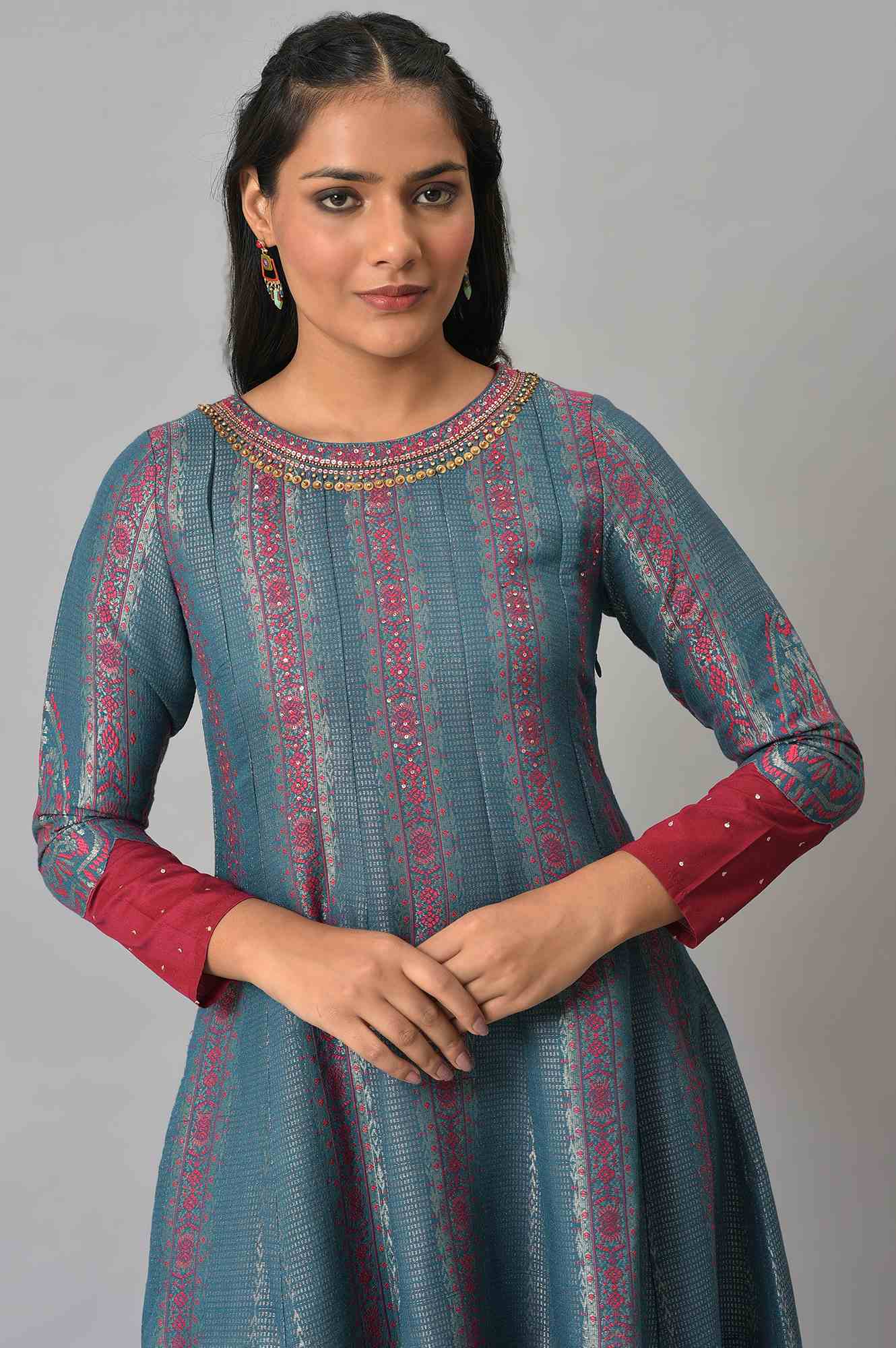 Teal And Pink Panelled Festive Winter Dress Teal And Pink Panelled Festive Winter Dress