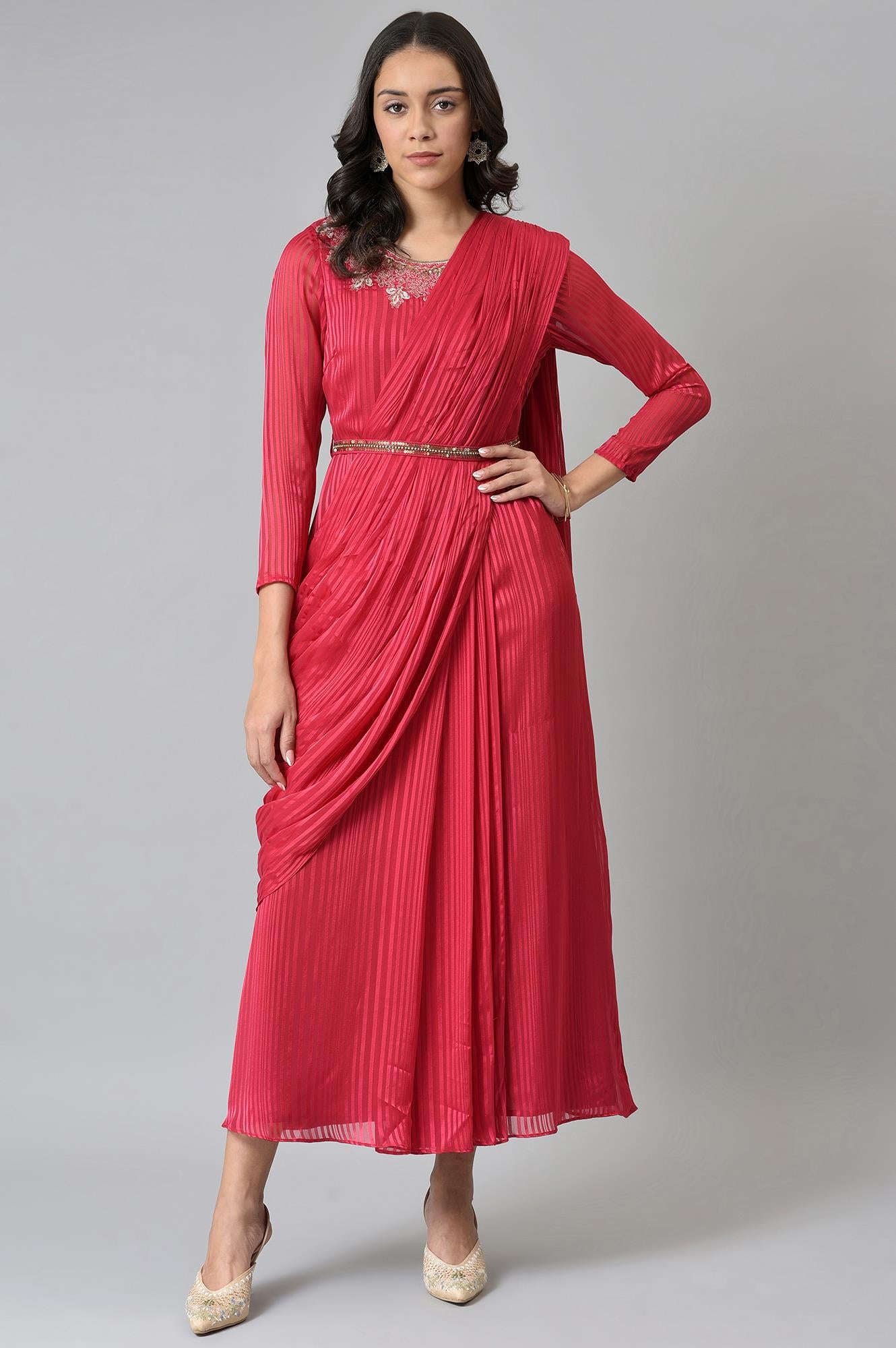 Coral Red Embroidered Predape Saree Dress