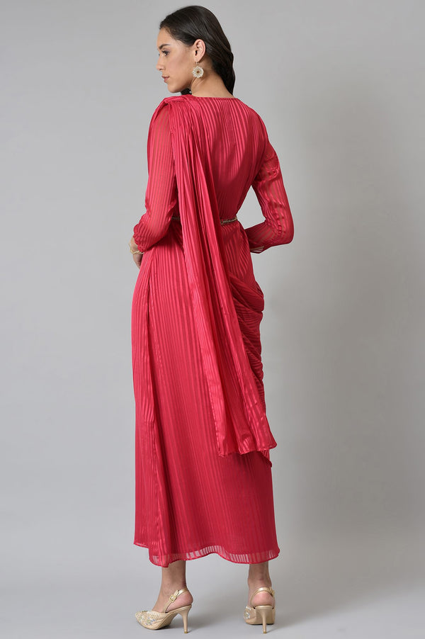 Coral Red Embroidered Predape Saree Dress