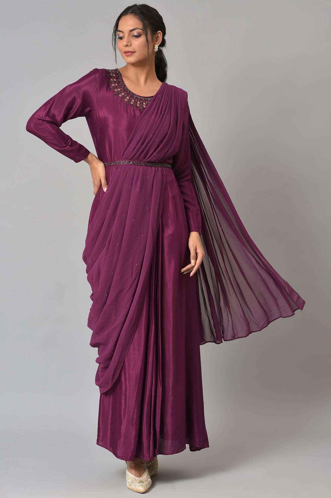 Dark Purple Hand Embroidered Predraped Insta Saree