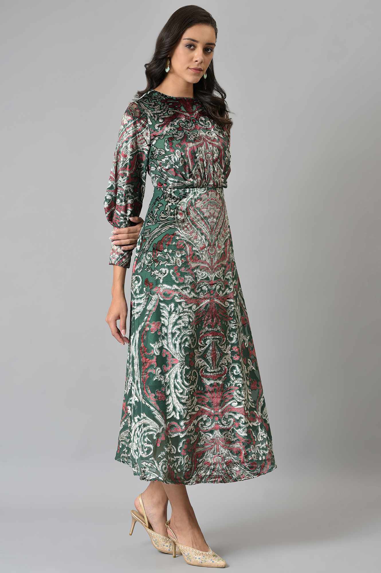 Green Floral Printed Velvet Cocktail Dress