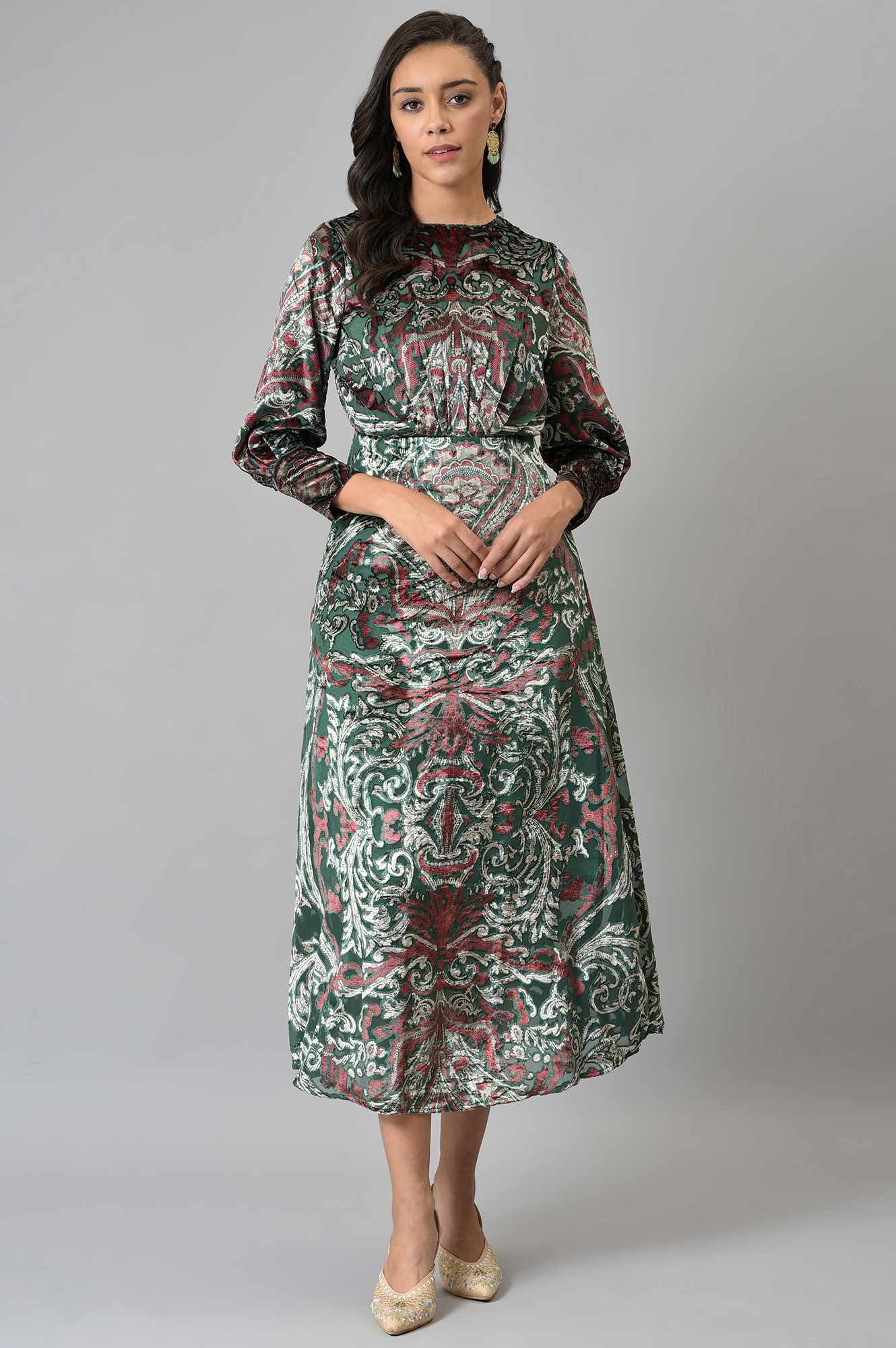 Green Floral Printed Velvet Cocktail Dress