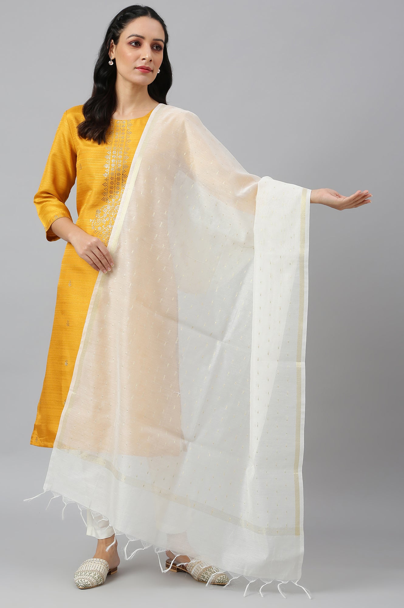 Ecru Chanderi Dupatta With Gold Jacquard Dot