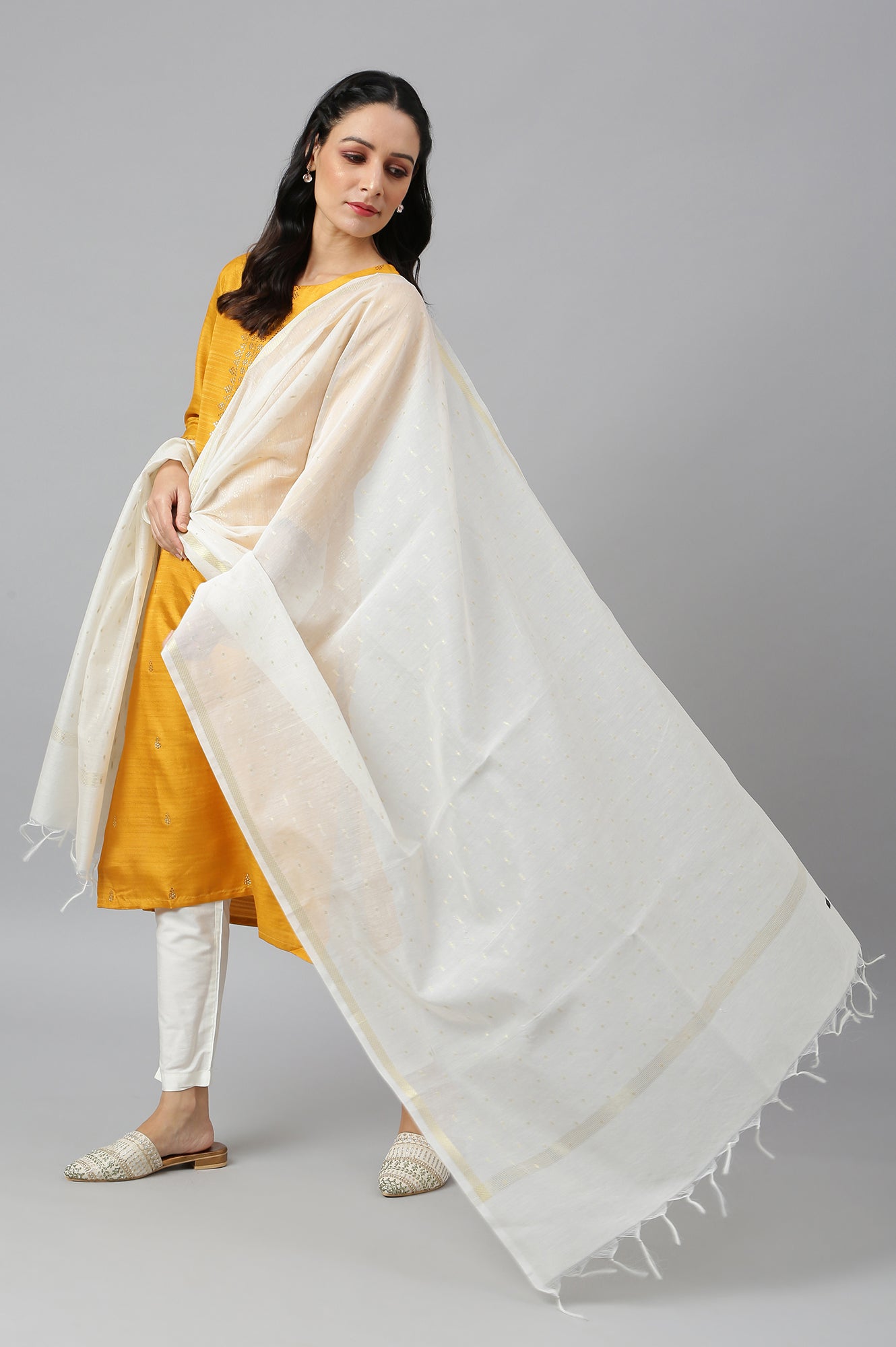 Ecru Chanderi Dupatta With Gold Jacquard Dot