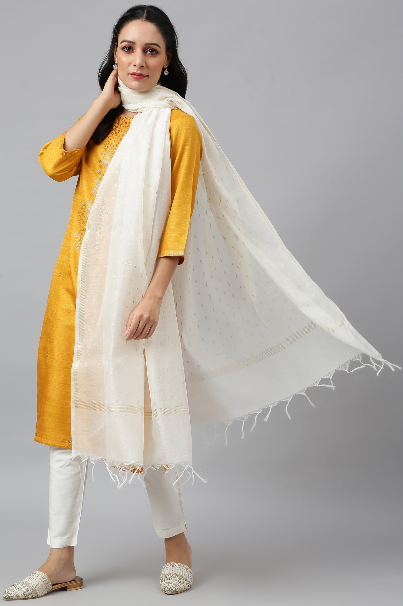 Ecru Chanderi Dupatta With Gold Jacquard Dot