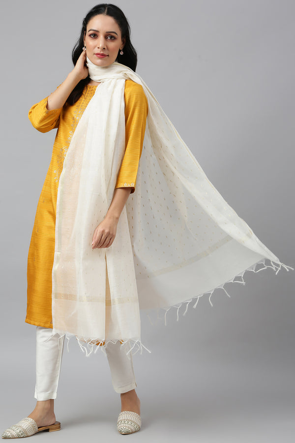 Ecru Chanderi Dupatta With Gold Jacquard Dot