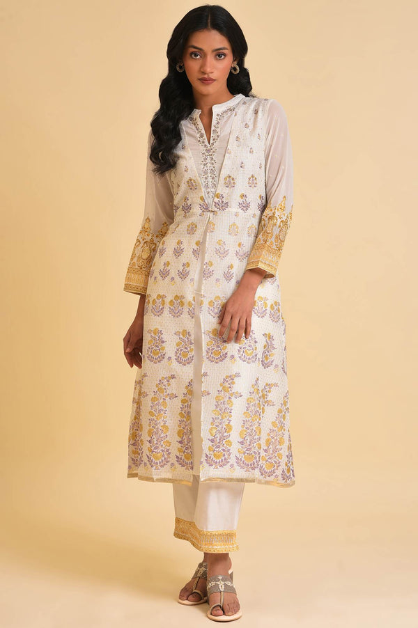 Ecru Mock Layer Printed Kurta & Straight Pants Set