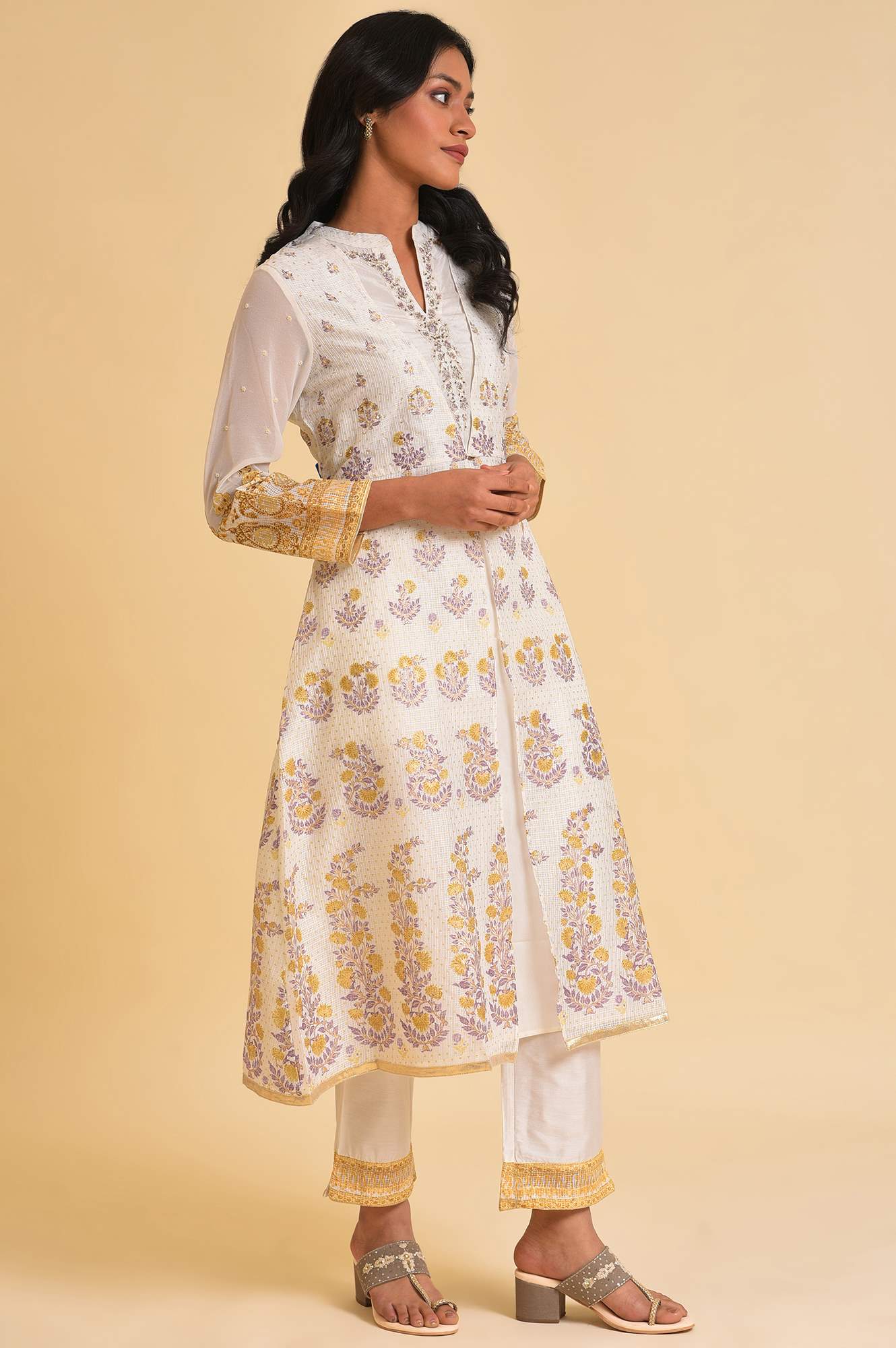 Ecru Mock Layer Printed kurta &amp; Straight Pants Set