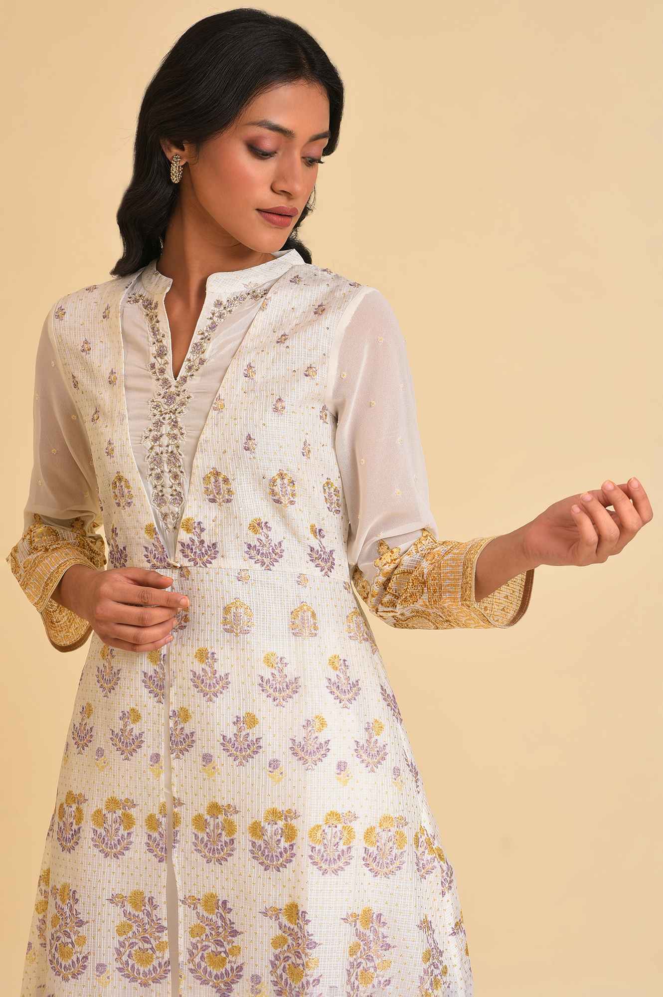 Ecru Mock Layer Printed kurta &amp; Straight Pants Set