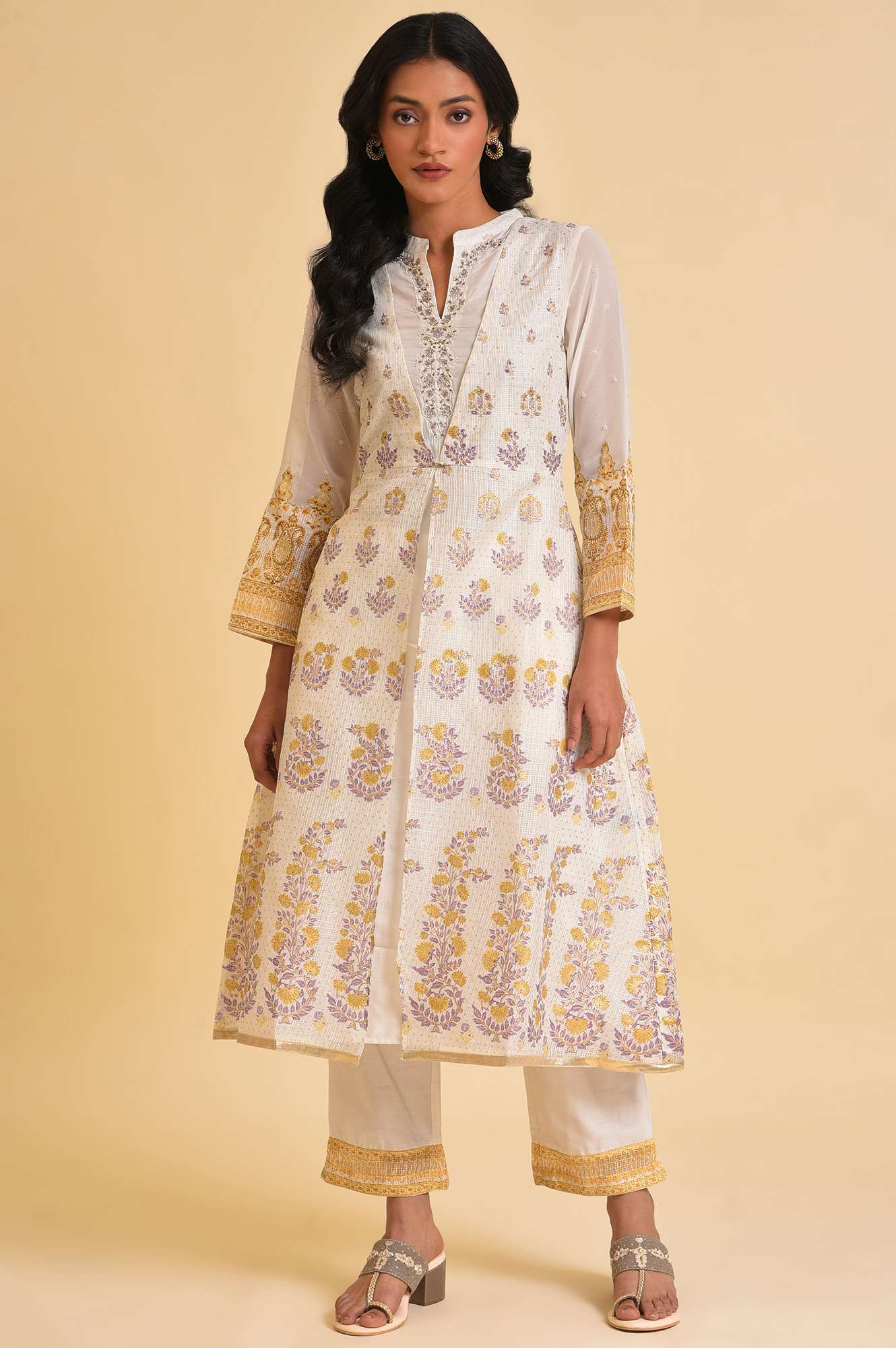 Ecru Mock Layer Printed kurta &amp; Straight Pants Set