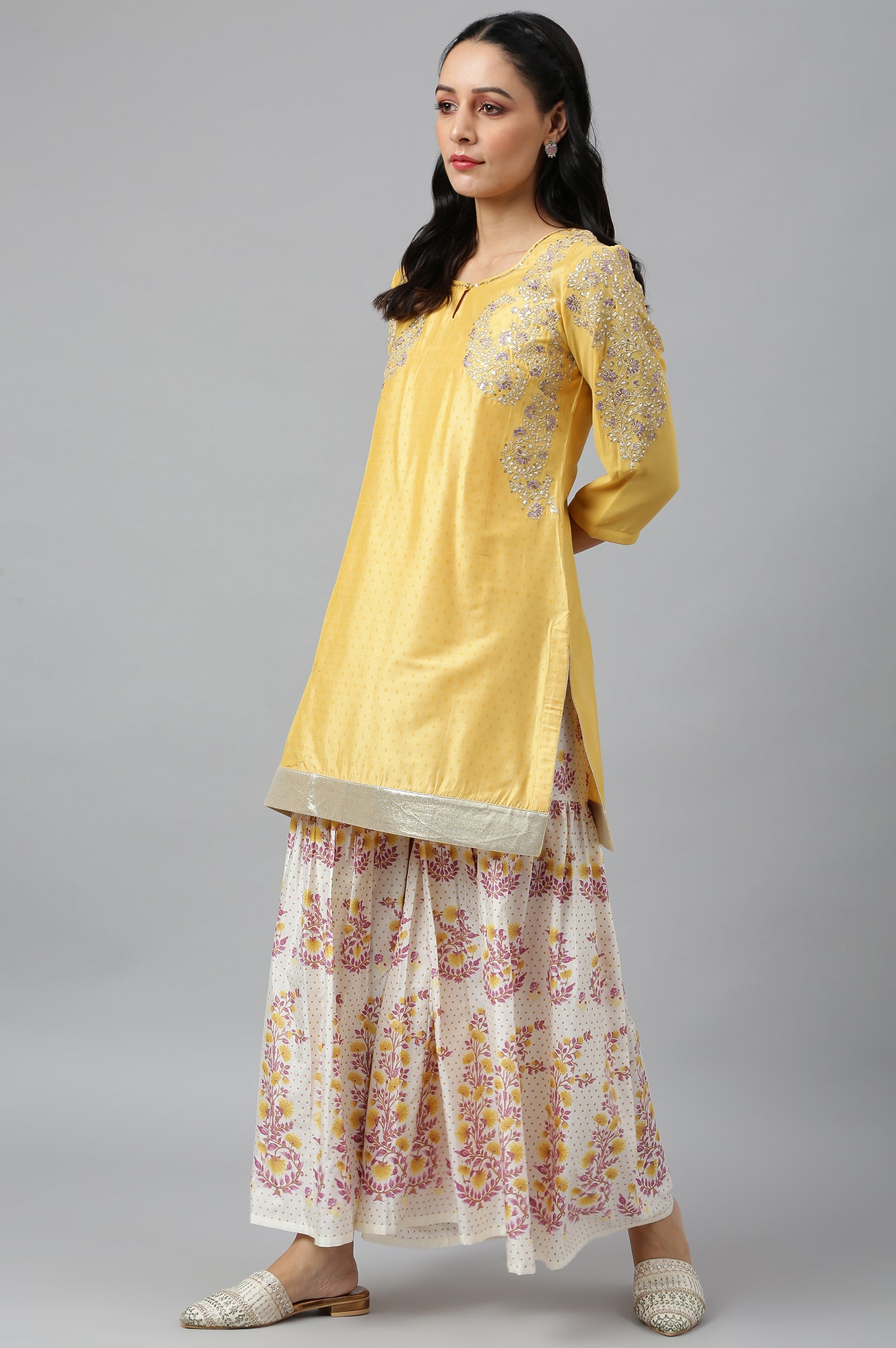 Yellow Dori Embroidered kurta With Ecru Sharara And Dupatta Set