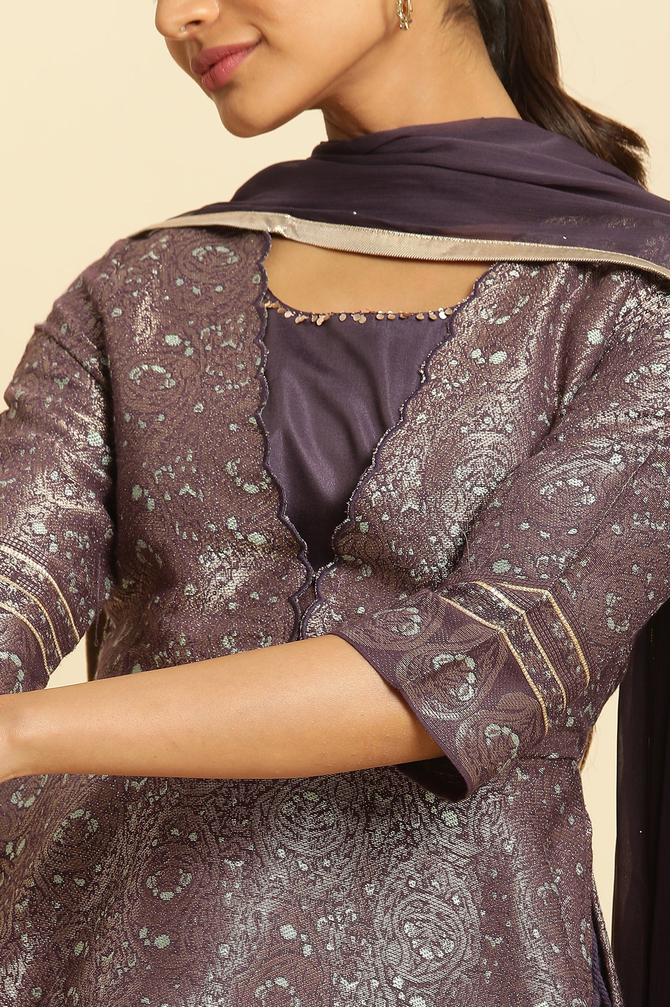 Purple Zari Jacquard Peplum Top With Skirt And Dupatta Purple Zari Jacquard Peplum Top With Skirt And Dupatta