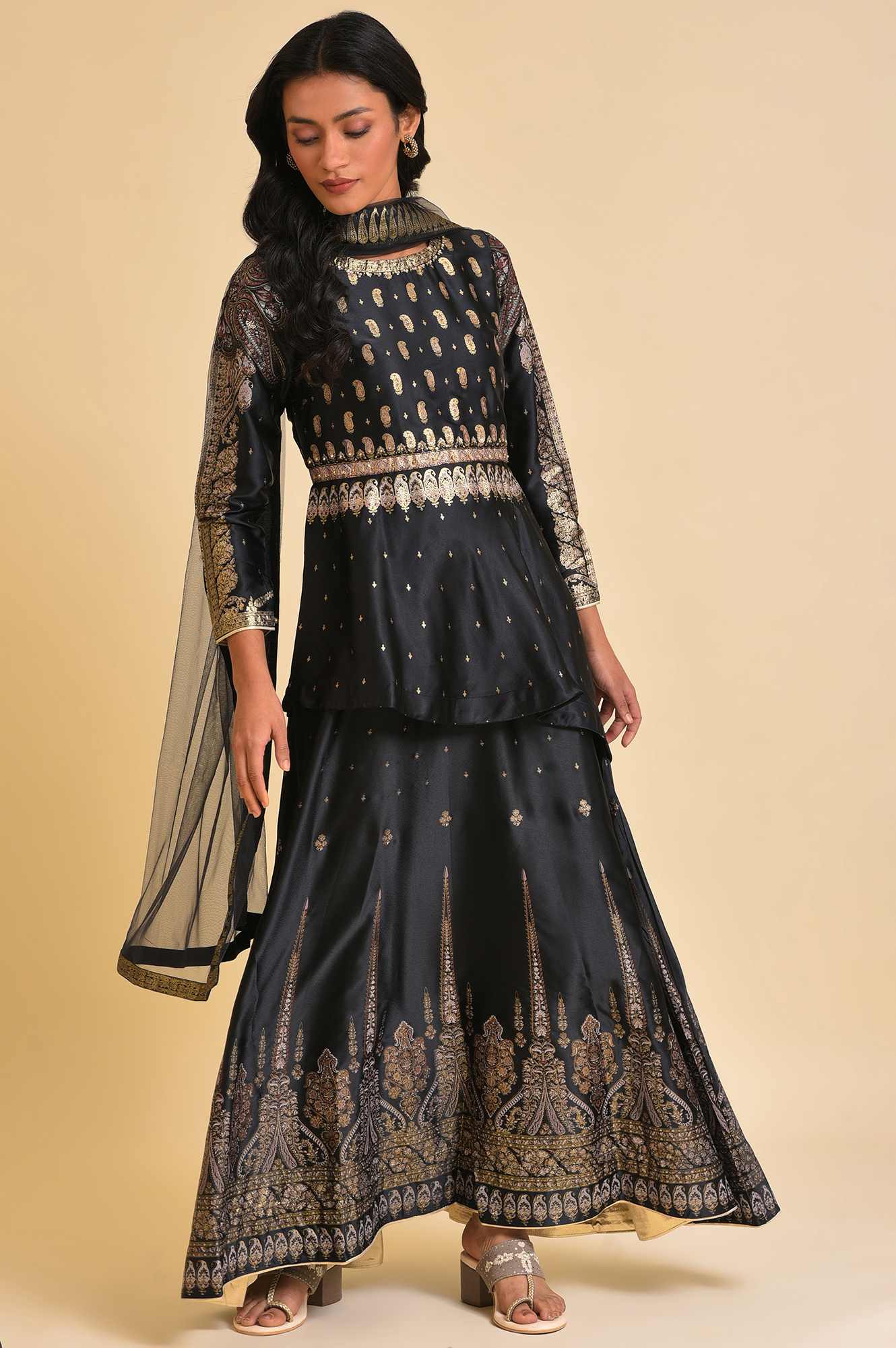 Black Satin Embellished Top With Skirt And Dupatta